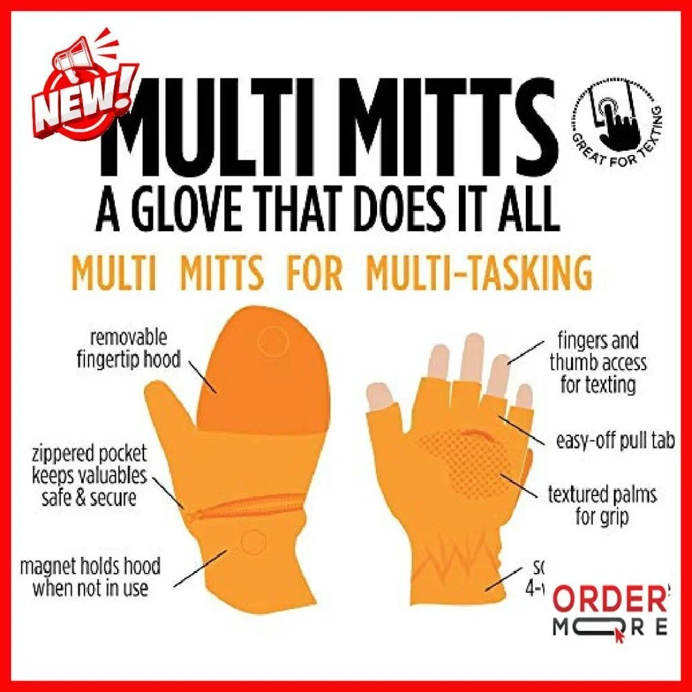 Fingerless Gloves with Phone Pocket, Adjustable Top, Magnetic Flap, Grip Dots